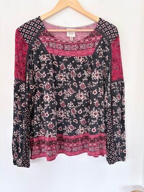 KNOX ROSE XXL Boho Floral Patchwork LS Top Red Black Cream Crochet Accent Rayon